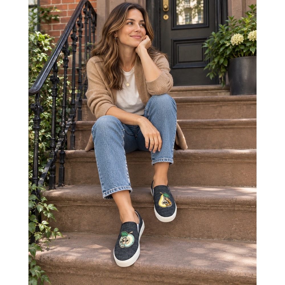 Sam Edelman Evelina Black Denim Jeweled Apple Pear Slip On Sneakers 9